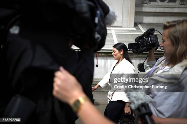 Priti Patel, Minister of State for Employment is pursued by waiting media in Whitehall after a cabinet meeting at Downing Street on June 27, 2016 in...