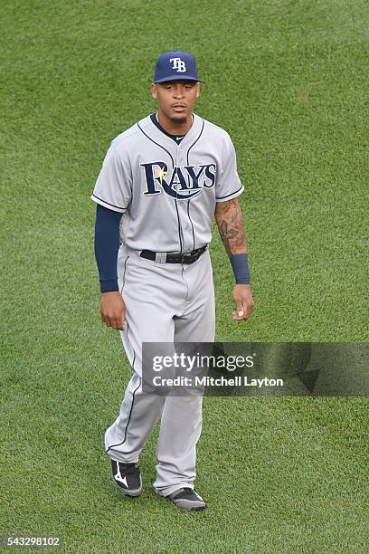 Desmond Jennings of the Tampa Bay Rays looks on before a baseball game against the Baltimore Orioles at Oriole Park at Camden Yards on June 24, 2016...