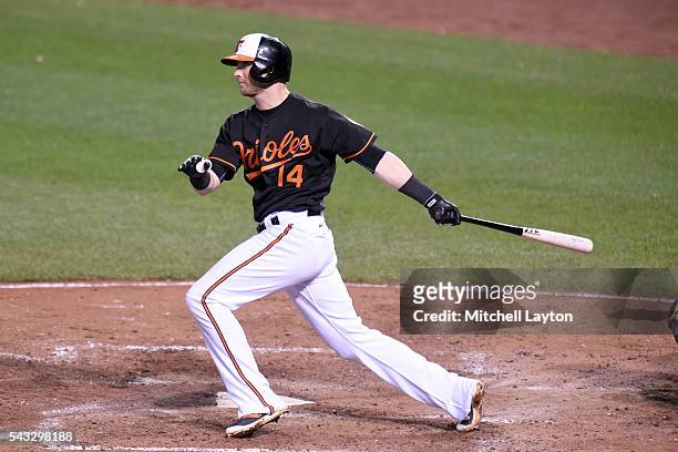 Nolan Reimold of the Baltimore Orioles takes a swing during a baseball game against the Tampa Bay Rays at Oriole Park at Camden Yards on June 24,...