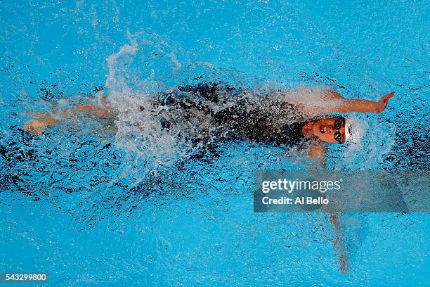 Natalie Coughlin of the United States competes in a preliminary heat for the Women's 100 Meter Backstroke during Day Two of the 2016 U.S. Olympic...