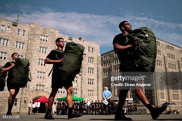 New cadets march in a courtyard on campus during Reception Day at the United States Military Academy at West Point, June 27, 2016 in West Point, New...