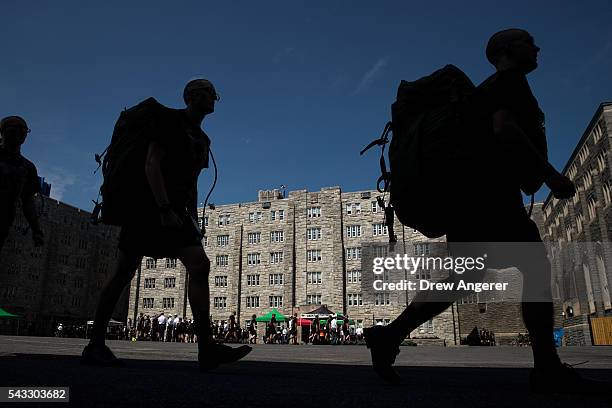 New cadets march in a courtyard on campus during Reception Day at the United States Military Academy at West Point, June 27, 2016 in West Point, New...