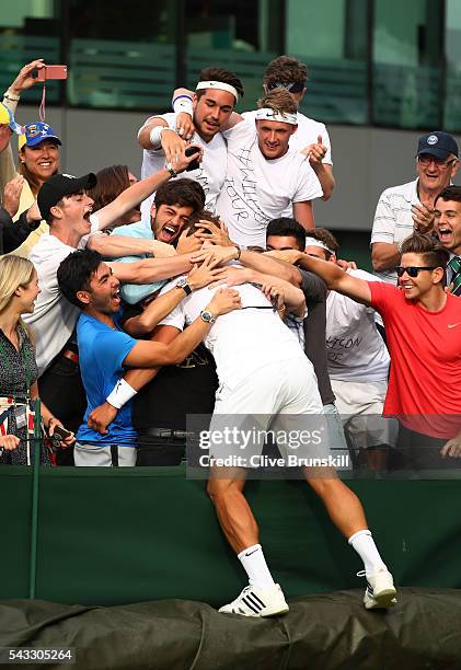 Marcus Willis of Great Britain celebrates victory during the Men's Singles first round match against Ricardas Berankis of Lithuania on day one of the...