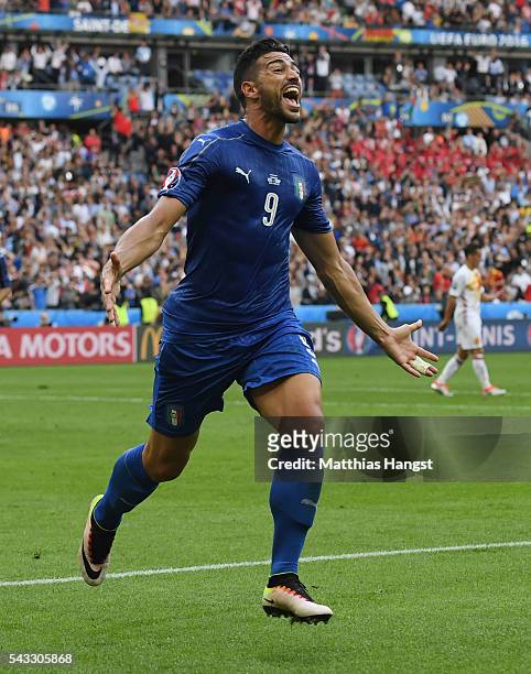 Graziano Pelle of Italy celebrates scoring his team's second goal during the UEFA EURO 2016 round of 16 match between Italy and Spain at Stade de...