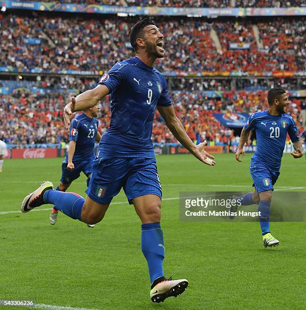 Graziano Pelle of Italy celebrates scoring his team's second goal during the UEFA EURO 2016 round of 16 match between Italy and Spain at Stade de...