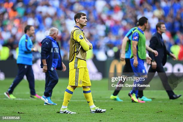 Iker Casillas of Spain leaves the pitch after the UEFA EURO 2016 round of 16 match between Italy and Spain at Stade de France on June 27, 2016 in...
