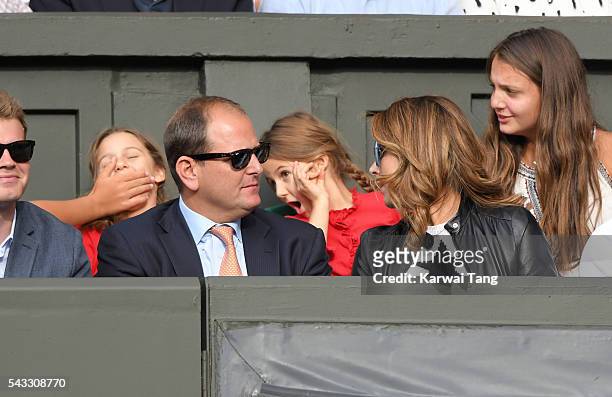 Mirka Federer and twin daughters Myla Rose Federer and Charlene Riva Federer attend day one of the Wimbledon Tennis Championships at Wimbledon on...