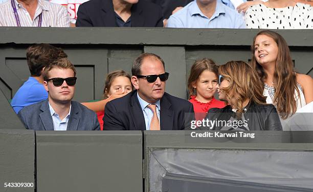 Mirka Federer and twin daughters Myla Rose Federer and Charlene Riva Federer attend day one of the Wimbledon Tennis Championships at Wimbledon on...