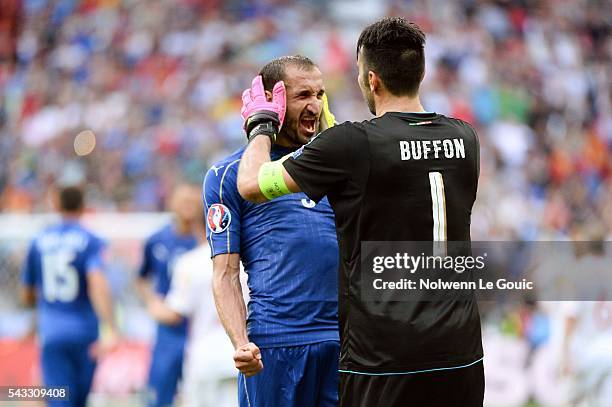 Giorgio Chiellini and Gianluigi Buffon of Italy celebrate victory during the European Championship match Round of 16 between Italy and Spain at Stade...