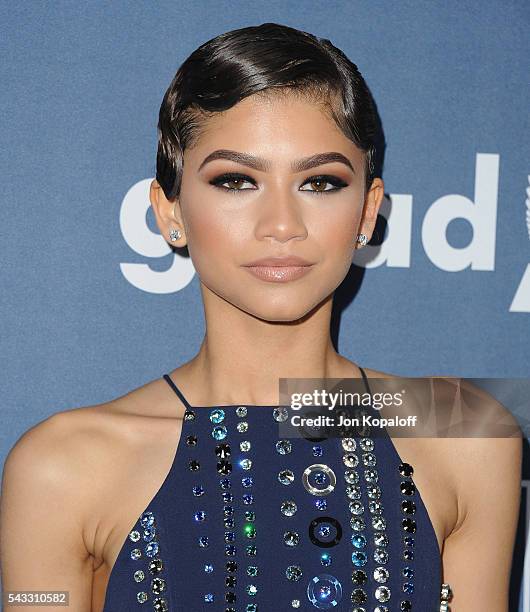 Actress Zendaya arrives at the 27th Annual GLAAD Media Awards at The Beverly Hilton Hotel on April 2, 2016 in Beverly Hills, California.