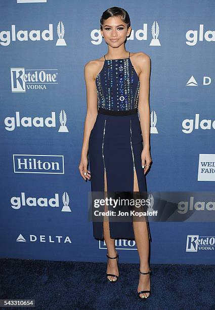 Actress Zendaya arrives at the 27th Annual GLAAD Media Awards at The Beverly Hilton Hotel on April 2, 2016 in Beverly Hills, California.