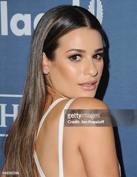 Actress Lea Michele arrives at the 27th Annual GLAAD Media Awards at The Beverly Hilton Hotel on April 2, 2016 in Beverly Hills, California.