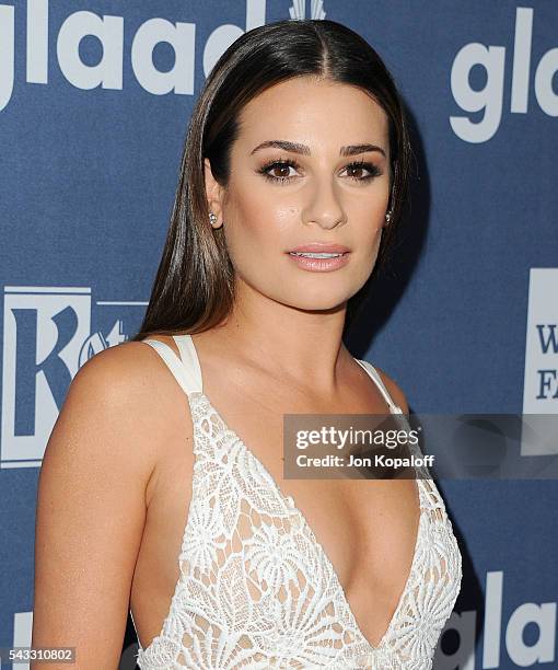 Actress Lea Michele arrives at the 27th Annual GLAAD Media Awards at The Beverly Hilton Hotel on April 2, 2016 in Beverly Hills, California.