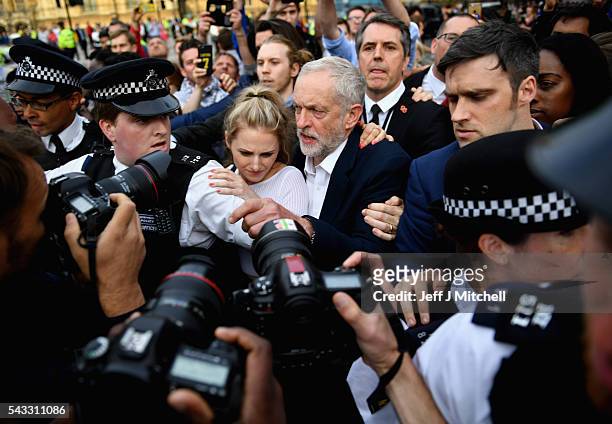 Labour leader Jeremy Corbyn arrives to deliver a speech during Momentum's 'Keep Corbyn' rally outside the Houses of Parliament on June 27, 2016 in...