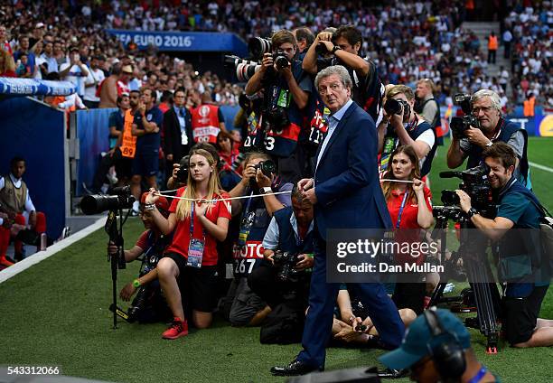 Roy Hodgson manager of England is seen prior to the UEFA EURO 2016 round of 16 match between England and Iceland at Allianz Riviera Stadium on June...