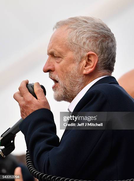 Labour leader Jeremy Corbyn delivers a speech during Momentum's 'Keep Corbyn' rally outside the Houses of Parliament on June 27, 2016 in London,...