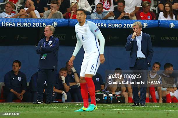 England Head Coach / Manager Roy Hodgson and Assistant Ray Lewington look on during the UEFA Euro 2016 Round of 16 match between England and Iceland...