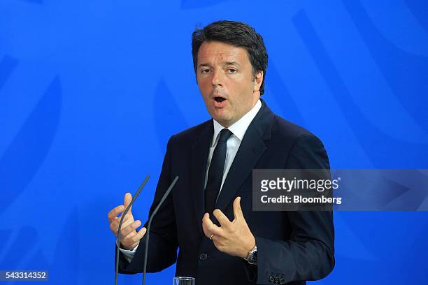 Matteo Renzi, Italy's prime minister, speaks during a news conference at the Chancellery in Berlin, Germany, on Monday, June 27, 2016. Angela Merkel,...