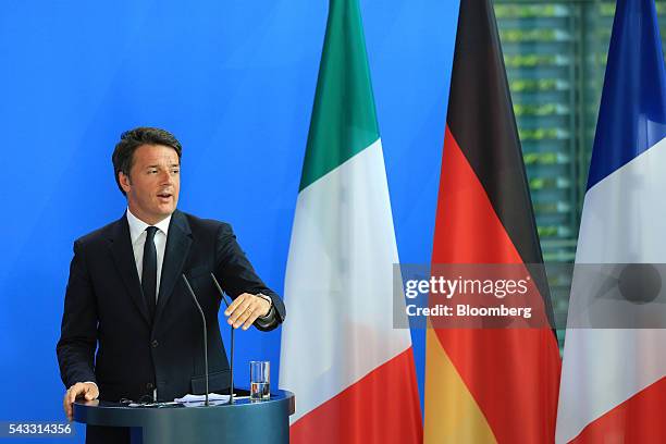 Matteo Renzi, Italy's prime minister, speaks during a news conference at the Chancellery in Berlin, Germany, on Monday, June 27, 2016. Angela Merkel,...