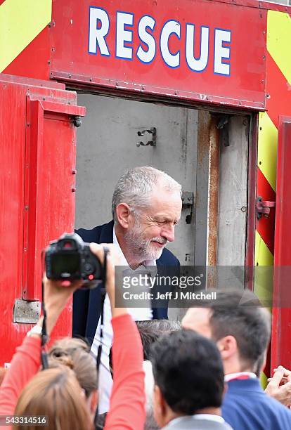 Labour leader Jeremy Corbyn after delivering a speech during Momentum's 'Keep Corbyn' rally outside the Houses of Parliament on June 27, 2016 in...