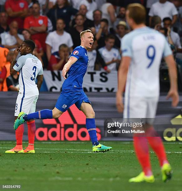 Kolbeinn Sigthorsson of Iceland celebrates scoring his team's second goal during the UEFA EURO 2016 round of 16 match between England and Iceland at...