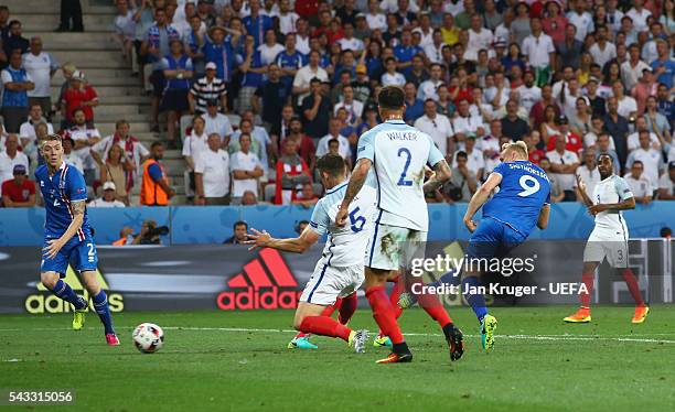 Kolbeinn Sigthorsson of Iceland scores his team's second goal during the UEFA EURO 2016 round of 16 match between England and Iceland at Allianz...