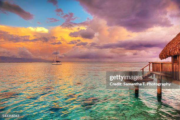 overwater bungalow moorea - moorea stock pictures, royalty-free photos & images