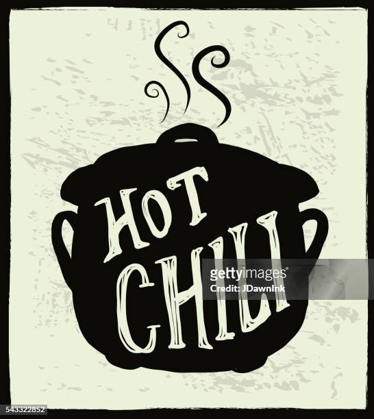 ilustrações, clipart, desenhos animados e ícones de hot chili cauldron moda projeto com letras à mão - chilli con carne