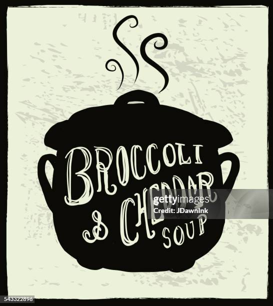 broccoli & cheddar soup cauldron label hand lettering design - broccoli cheddar soup stock illustrations