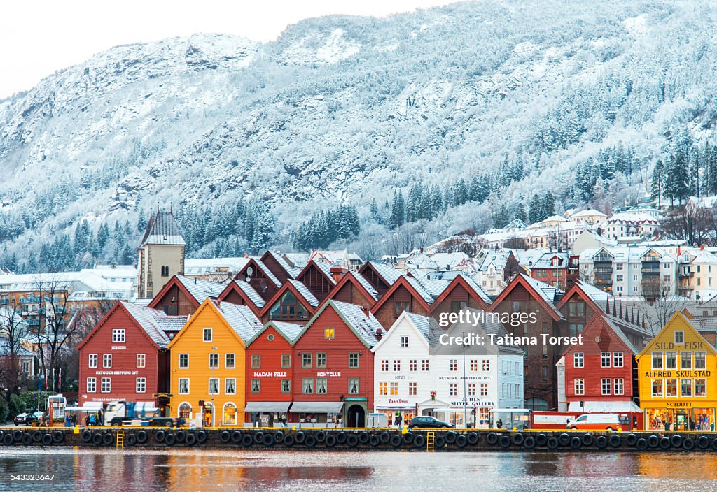 Hanseatic houses in Bryggen at winter