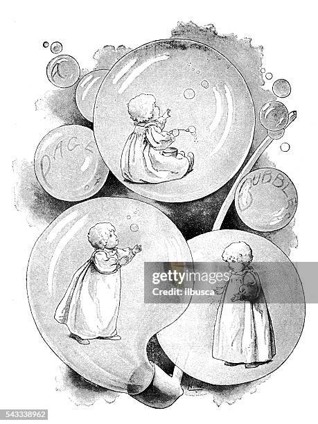 antique children's book comic illustration: child inside soap bubbles - pipe art stock illustrations