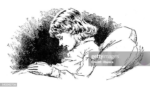 antique children's book comic illustration: child praying in bed - prayer room stock illustrations