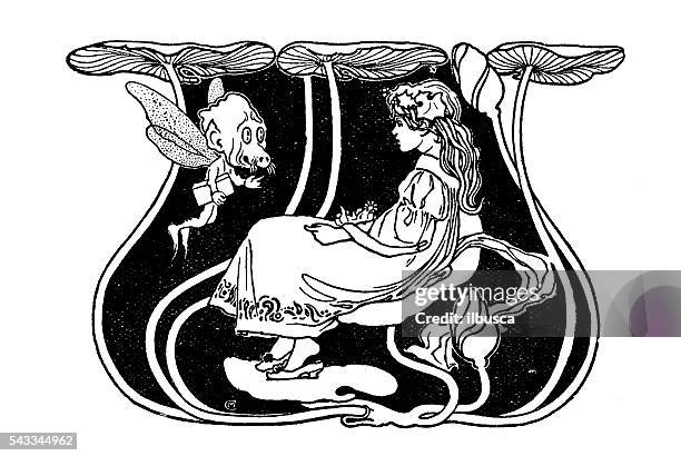 antique children's book comic illustration: goblin and girl fairy - veggie tales stock illustrations