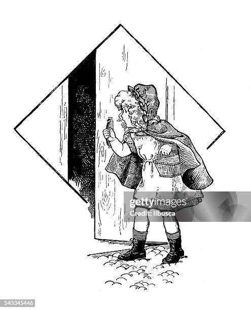 antike kinder buch comic-illustration: kleines mädchen eröffnung tür - rotkäppchen stock-grafiken, -clipart, -cartoons und -symbole
