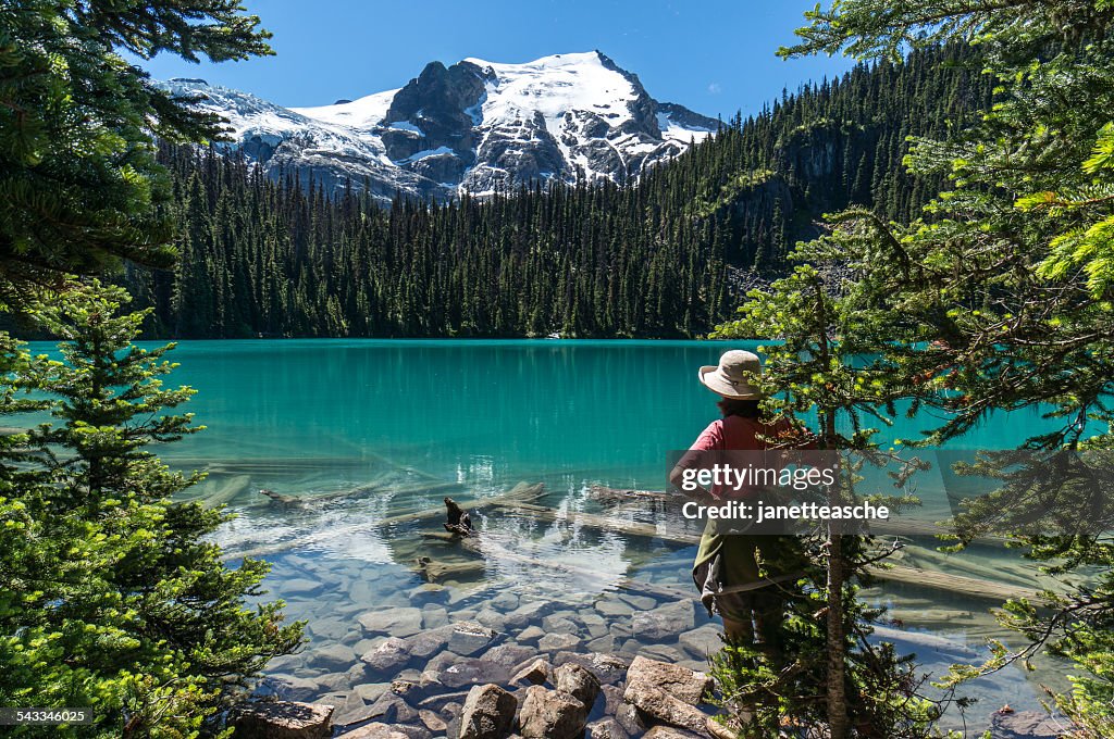 Canada, British Columbia, Joffre Lakes Provincial Park, Hiker looking at Middle Joffre Lake