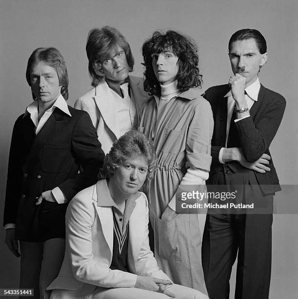 American rock group Sparks, March 1975. Clockwise from bottom: drummer Norman 'Dinky' Diamond, guitarist Trevor White, bassist Ian Hampton, singer...
