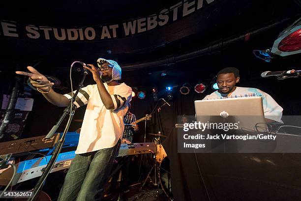 Kenyan musicians Bill 'Blinky' Sellanga and DJ Daniel Muli, on electronics, perform with Hip-Hop/R&B/Disco group Just A Band on stage at the 12th...