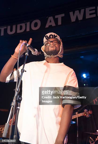 Kenyan musician Bill 'Blinky' Sellanga leads Hip-Hop/R&B/Disco group Just A Band on stage at the 12th Annual GlobalFest at Webster Hall's Studio...