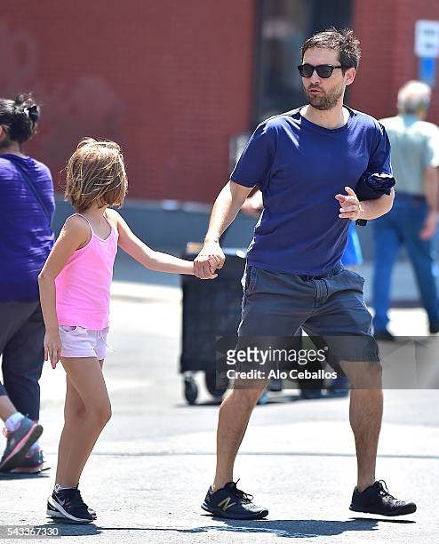 Tobey Maguire and Ruby Sweetheart Maguire are seen in Soho on June 27, 2016 in New York City.