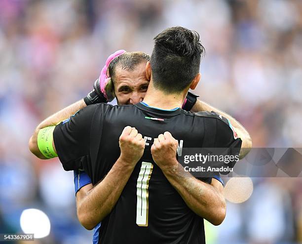 Goalkeeper of Italy Gianluigi Buffon and Giorgio Chiellini celebrate after the UEFA Euro 2016 round of 16 football match between Italy and Spain at...