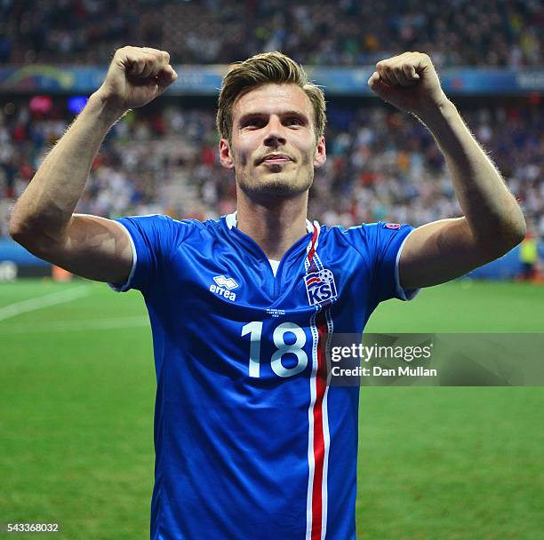 Elmar Bjarnason of Iceland celebrates after the UEFA EURO 2016 round of 16 match between England and Iceland at Allianz Riviera Stadium on June 27,...