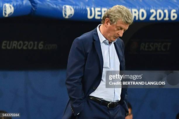 England's coach Roy Hodgson reacts during the Euro 2016 round of 16 football match between England and Iceland at the Allianz Riviera stadium in Nice...