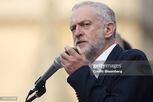 Jeremy Corbyn, leader of the U.K. Opposition Labour Party, speaks during a rally in London, U.K., on Monday, June 27, 2016. Pressure on Corbyn...