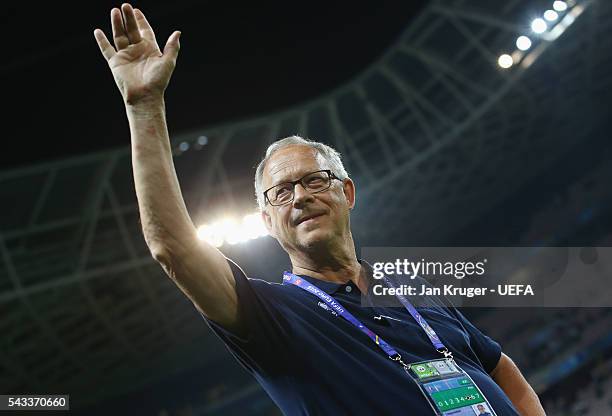 Lars Lagerback head coach of Iceland celebrates after the UEFA EURO 2016 round of 16 match between England and Iceland at Allianz Riviera Stadium on...