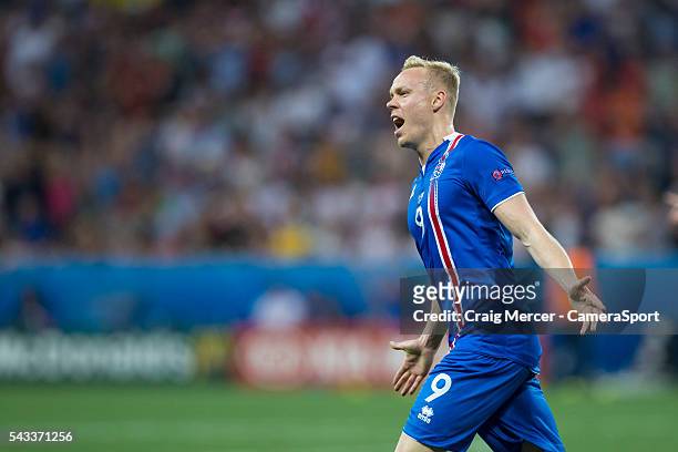Iceland's Kolbeinn Sigthorsson celebrates scoring his sides second goal during the UEFA Euro 2016 Round of 16 match between England and Iceland at...