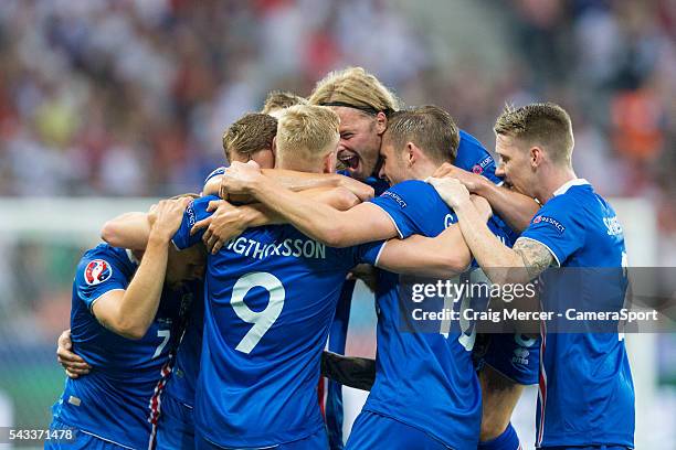 Iceland's Kolbeinn Sigthorsson celebrates scoring his sides second goal with team mates during the UEFA Euro 2016 Round of 16 match between England...