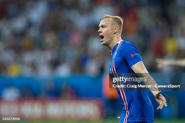 Iceland's Kolbeinn Sigthorsson celebrates scoring his sides second goal during the UEFA Euro 2016 Round of 16 match between England and Iceland at...