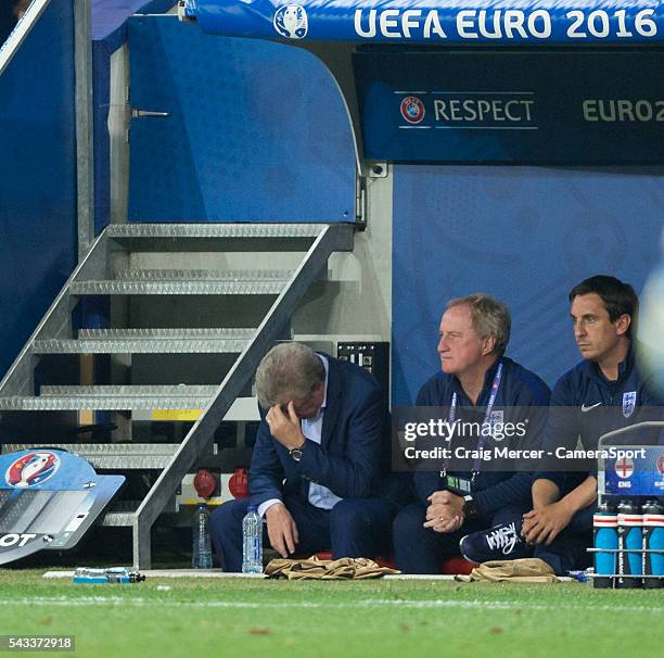 England's Manager Roy Hodgson bows his head and apparently cant bear to watch in the final minutes of the game during the UEFA Euro 2016 Round of 16...