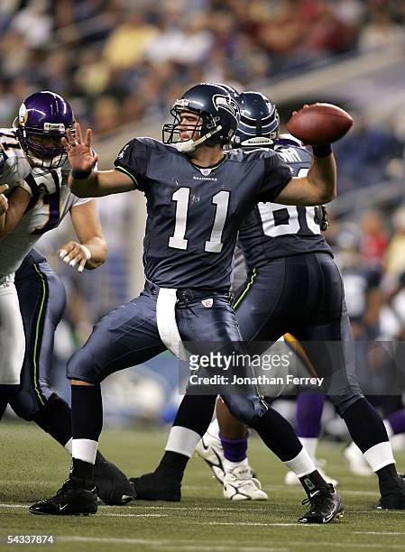 Quarterback David Greene of the Seattle Seahawks throws against the Minnesota Vikings during the preseason NFL game September 2, 2005 at Qwest Field...