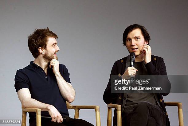 Actors Daniel Radcliffe and Paul Dano attend The Apple Store Presents: Daniel Radcliffe And Paul Dano, "Swiss Army Man" at Apple Store Soho on June...